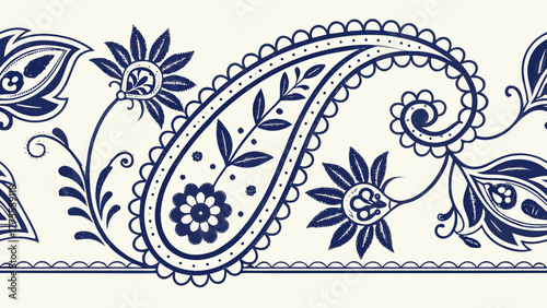 A sapphire blue and cream paisley floral seamless border design