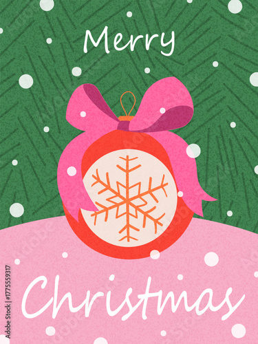 Merry Christmas greeting card. Modern Xmas design with typography and Christmas items. Trendy hand drawn illustration for season banner, poster, cover. 