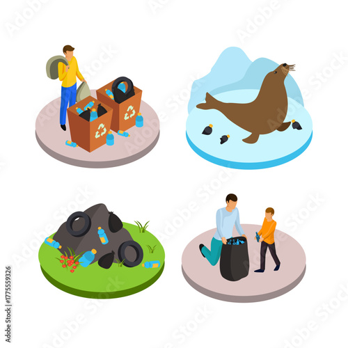 People and animals cleaning up plastic waste in nature and on ice floes for environmental protection