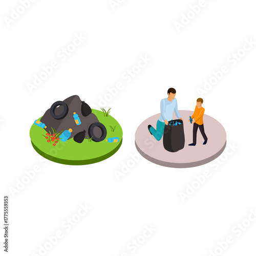 Environmental cleanup illustration people collecting waste and a pile of garbage