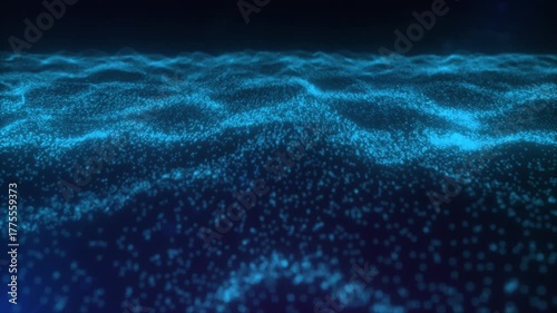Abstract digital background with flowing blue particle waves.