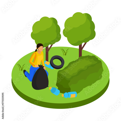 Person collecting litter and recycling plastic bottles in a park, promoting environmental cleanliness and sustainability