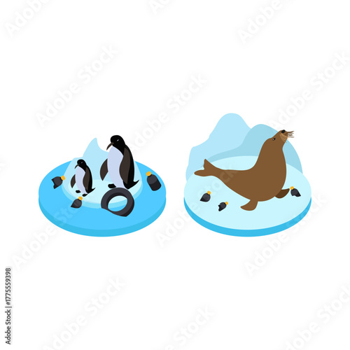 Arctic animal life cute penguins and a playful seal on ice floes, vivid cartoon illustration