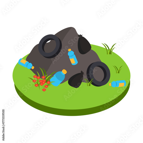 Environmental pollution problem plastic bottles, tires, and trash on grassy area with flowers