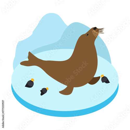 Cute brown seal on an ice floe with penguins, surrounded by soft blue icy background illustration
