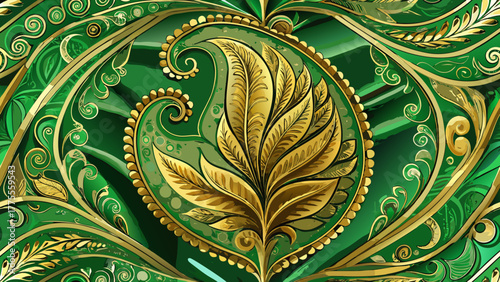 Gold leaf design on green silk surface with ornamental pattern