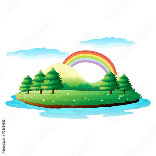 Vibrant island paradise with rolling green hills and a radiant rainbow under a cloudy sky