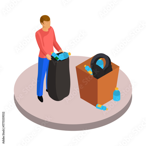 Man collecting plastic bottles for recycling and disposal into a container