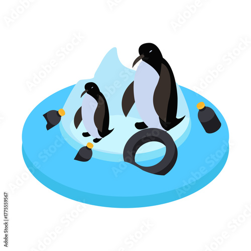 Cute illustration of penguins on an ice floe, with a tire and some floating bottles, symbolizing pollution and climate change