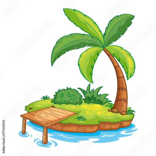 A vibrant tropical island paradise with a wooden pier, lush green vegetation, and a solitary palm tree, perfect for vacation