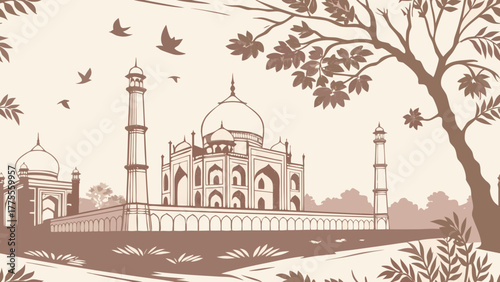 Taj Mahal scenic illustration with birds trees and landscape
