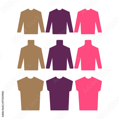 Collection of three rows of solid color crew neck and turtleneck tops, with three tops per row