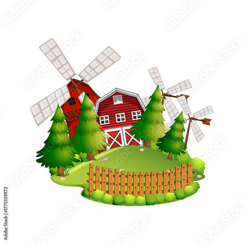 Charming rural farm scene with windmills and lush green trees