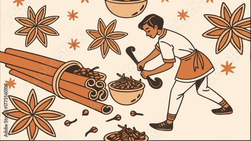 A chef cooking with Indian spices in a seamless pattern