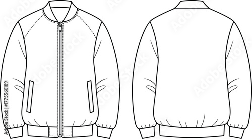 Bomber jacket technical flat sketch, front and back view, unisex casual outerwear design, fashion apparel template, vector clothing illustration drawing