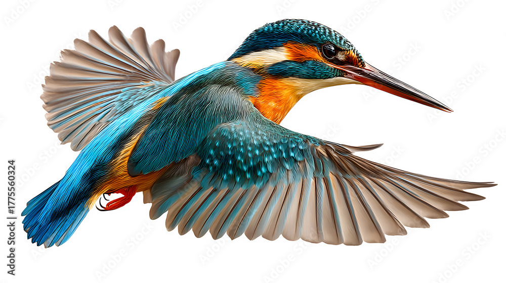 Fototapeta premium colorful kingfisher flying midair with vivid plumage, hunting pose, isolated on white background