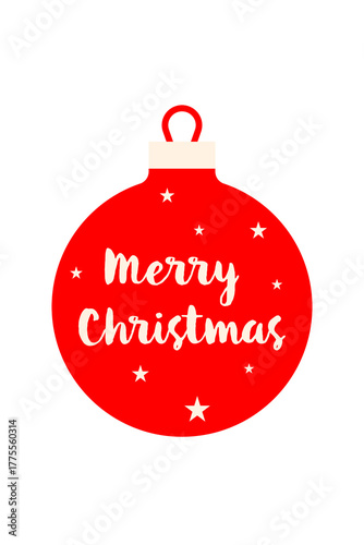 Festive red Christmas ornament with Merry Christmas typography and stars. Holiday decoration bauble PNG for winter celebrations, cards, gift tags, invites, festive graphic design. High resolution PNG