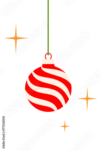 Colorful Christmas ornament with red and white stripes hanging on a green string with stars. Fun holiday bauble clipart for Xmas cards, wrapping paper, gift tags, decor, festive seasonal design. PNG