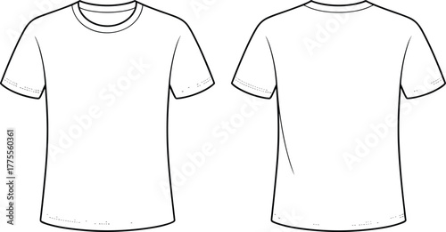 Classic short sleeve t-shirt front and back view, blank apparel template, unisex crew neck shirt fashion flat sketch design vector