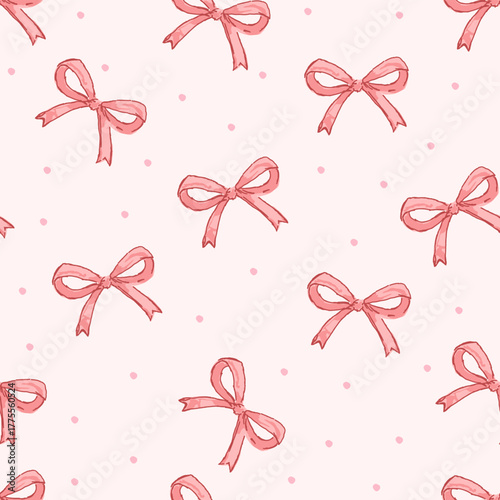 Seamless pink bow pattern with polka dots on light pastel background, cute kawaii ribbon design, romantic girly wallpaper and fabric texture for wrapping or decoration.