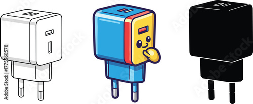 USB Wall Charger Adapter Icon Vector Set: Outline, Character, and Silhouette