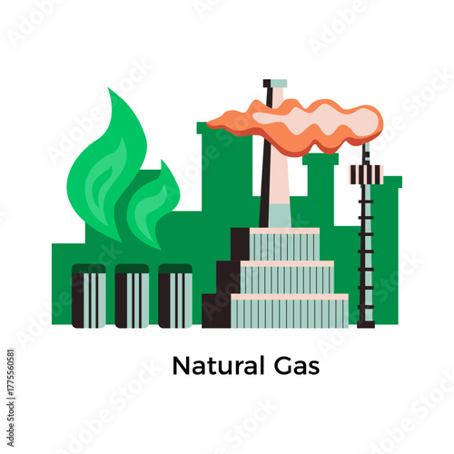 Vector graphic of a natural gas refinery showcasing industrial energy production and emissions