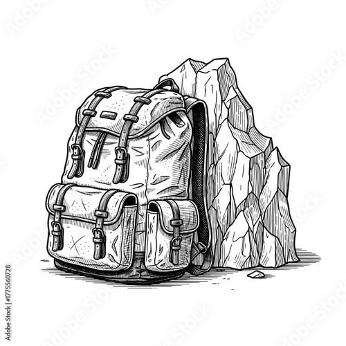 Backpack resting against a rock in a minimalist black and white style  