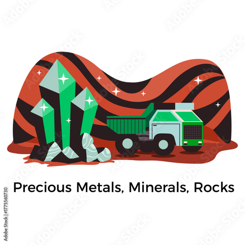 Vector illustration of heavy machinery excavating valuable minerals and precious gems