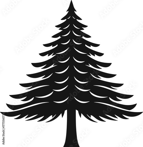 Black silhouette pine tree illustration, isolated evergreen conifer shape design, simple Christmas tree vector art, natural forest symbol, minimalist botanical decoration graphic
