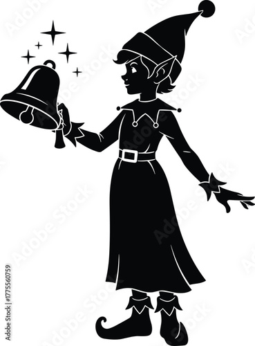 Christmas elf ringing a magical bell, festive holiday silhouette illustration, cute Santa helper in hat and costume, black and white vector for decoration design