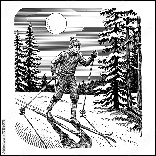 Cross-country skier gliding under moonlight in winter forest  