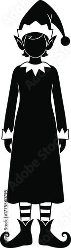 Christmas elf silhouette in festive costume, wearing long dress and pointed shoes, holiday helper illustration, winter character design for seasonal decoration and graphic artwork