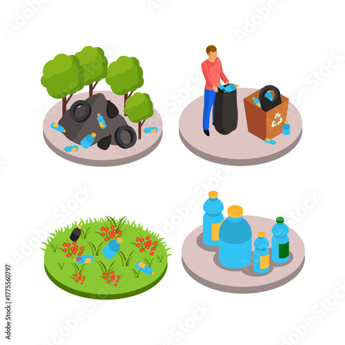 Isometric illustrations depicting plastic waste pollution, responsible recycling efforts, and environmental preservation awareness