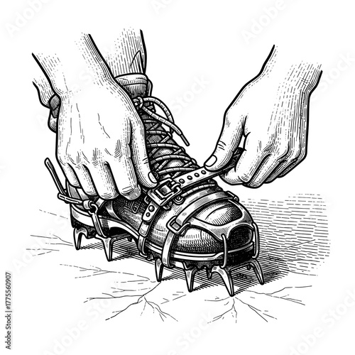 Hands adjusting crampons on hiking boots for winter exploration  