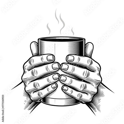 Hands holding a thermal mug with steam rising above it  