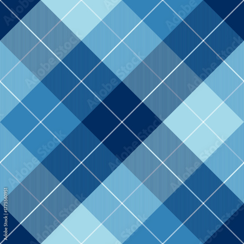 Elegant blue argyle seamless pattern featuring classic diamond shapes in navy and light blue hues. Ideal for textile fabric, modern fashion prints, and stylish background designs. Vector illustration.