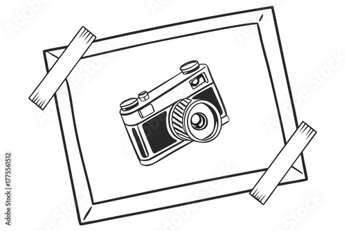 A minimalist black-and-white frame illustration resembling a piece of paper taped to a surface. The rectangular frame is bordered by four strips of tape one at each corner angled casually.