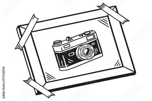 A black and white line drawing shows a vintage-style camera framed and taped at all four corners. The frame is slightly tilted, and the camera sketch features bold outlines with minimal shading.