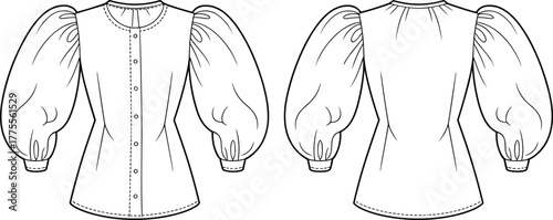 Elegant puff sleeve blouse fashion flat sketch, button front women’s top design, stylish apparel template, feminine clothing vector illustration