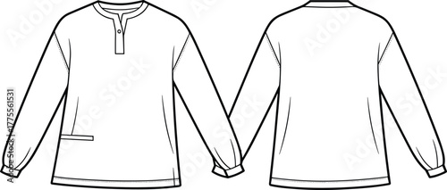 Long sleeve casual top flat sketch, women blouse design template, minimal pullover with button placket, front and back fashion illustration