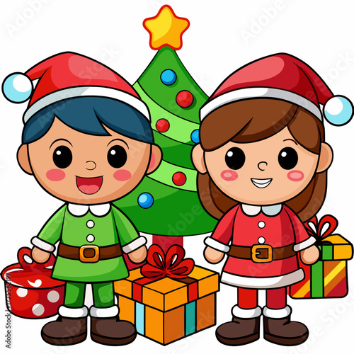 Festive cartoon scene with two cute kids celebrating Christmas surrounded by wrapped presents on white background