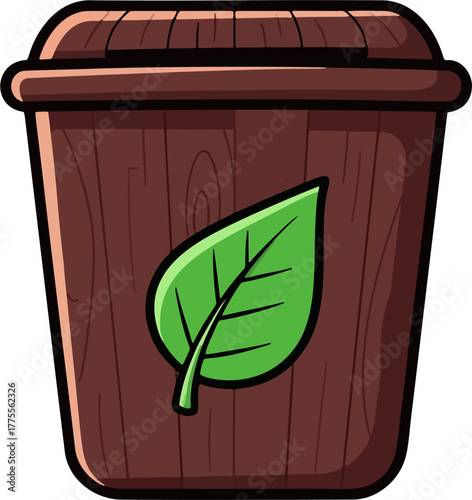 Compost bin with green leaf emblem — brown eco waste container on teal background, clean flat vector with bold outline for zero-waste guides, kitchen scraps sorting, municipal collection posters
