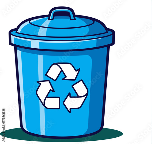 Blue recycling bin with smiling emblem and arrows — municipal waste container icon for recycling programs, collection schedules, and eco education; friendly flat vector with neat outline