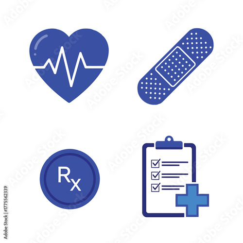 Medical Healthcare Icons Heartbeat, Bandage, Prescription & Checklist Graphic Symbols for Health and Wellness