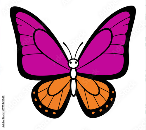 Vibrant butterfly with purple and orange wings — pollinator conservation icon for biodiversity, spring nature posters, and eco education; crisp outline, modern flat vector on white
