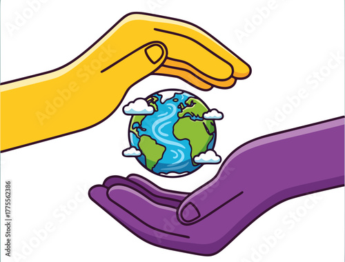 Helping hand holding a tiny Earth with leaves — global care and social responsibility icon; warm flat vector for charity drives, ESG reports, and climate action campaigns