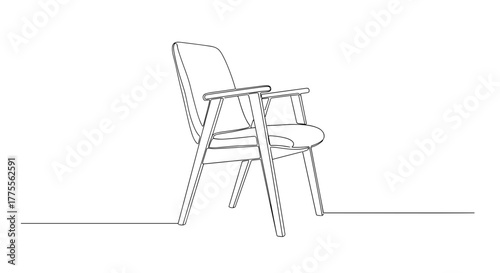 Modern wooden armchair in minimalist line art on white background