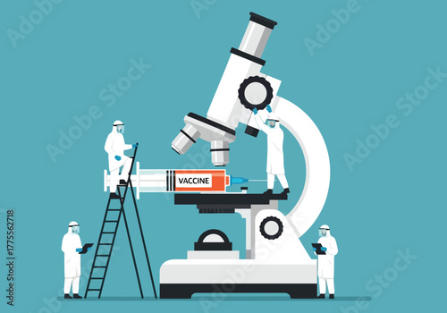 Medical researchers in protective suits working on a large microscope with a syringe containing vaccine, symbolizing scientific research and development