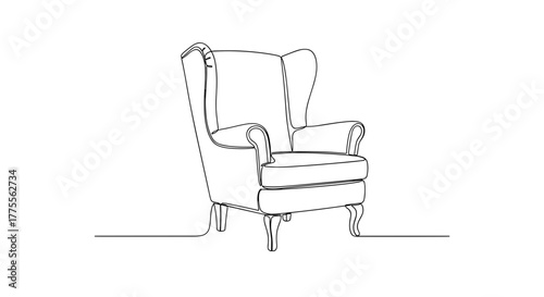 Wingback armchair in minimalist line art on white background