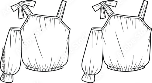 One shoulder top fashion flat sketch, stylish blouse with bow strap and puff sleeve, women apparel design template, vector illustration drawing